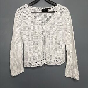 Vintage 90s Y2K White Crochet Open Knit Tie Front Cardigan Small Boho Fairy